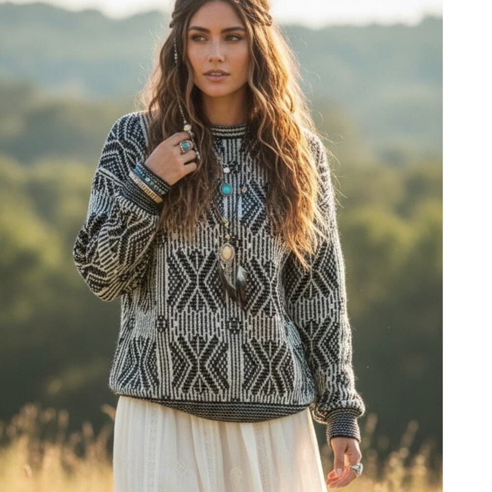 Vintage Wool Blend Parisian Men's Sweater with Geometric Design